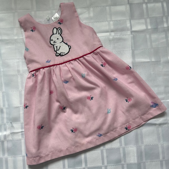 Rose Lightweight Pink Fit and Flare Butterfly Print Dress with Bunny Decal - Picture 1 of 12